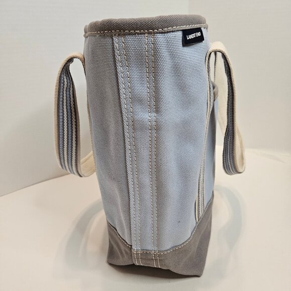 Lands' End Medium Zip Top Canvas Tote in pale blue & gray with striped straps - Picture 3 of 10